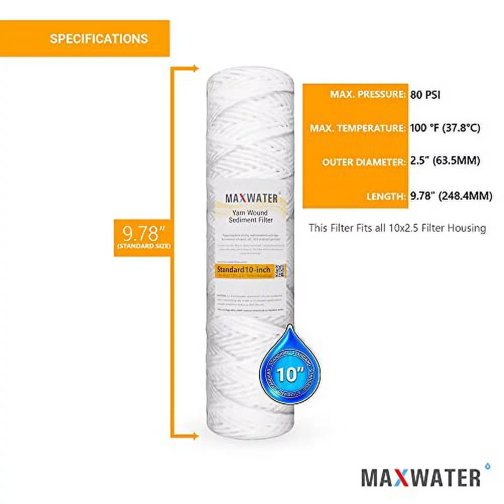 Standard 10".5" String Sediment Water Filter (5 Micron), Hard Well, Whole House,  Biodiesel, Compatible With Standard  Reverse Osmosis Systems,  Systems