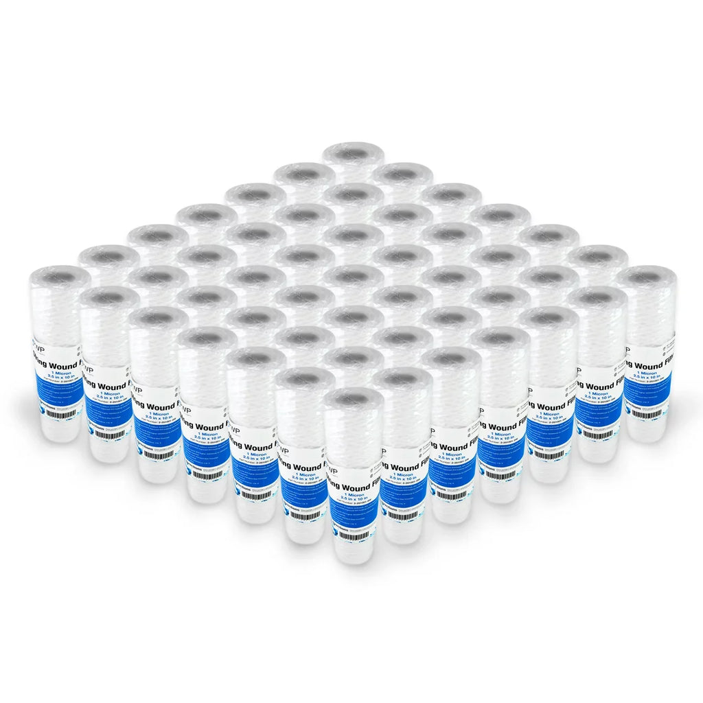 String Wound Sediment Water Filter Cartridge Standard 2.5x10" 1 Micron 50 Pack