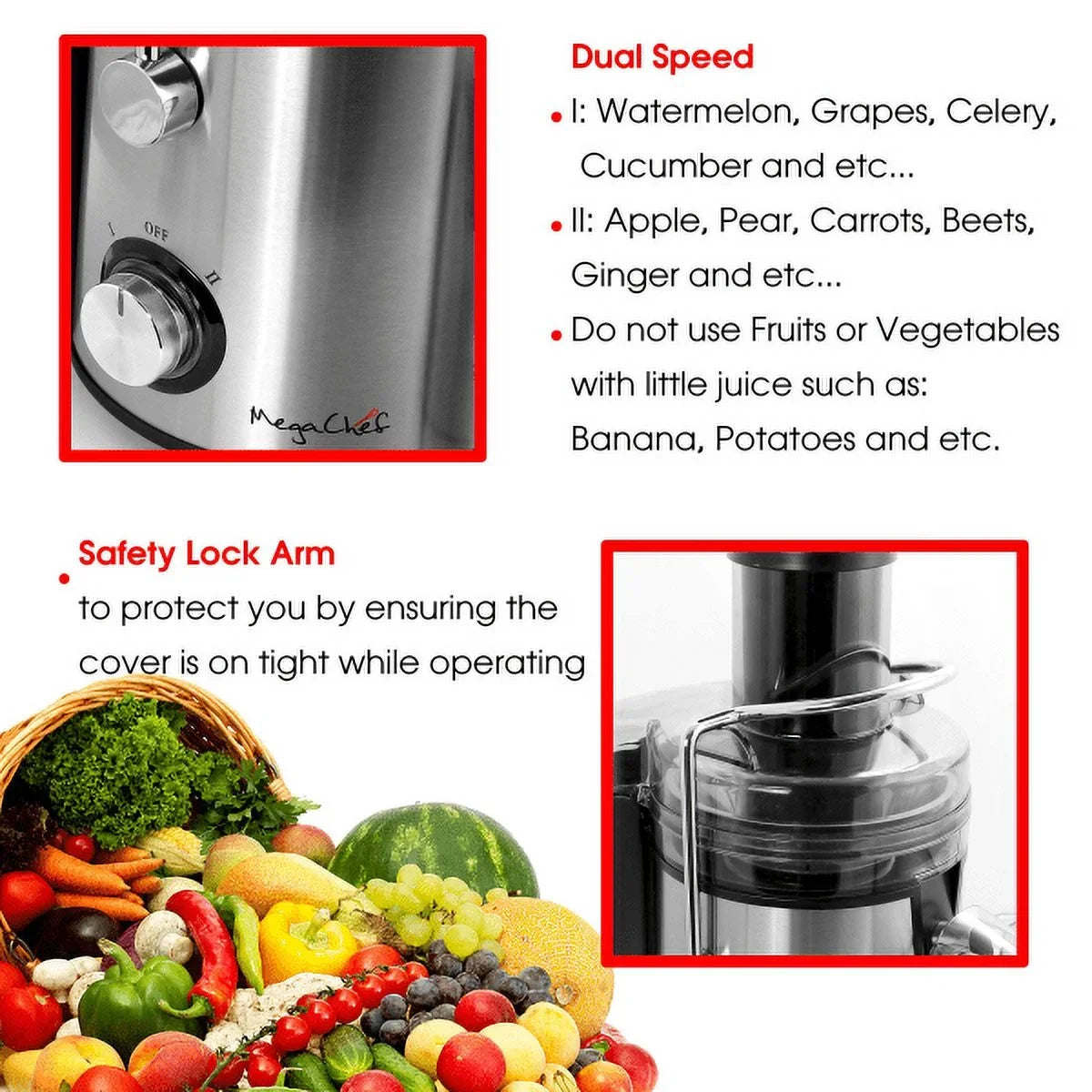 Megachef Wide-Mouth Juice Machine With Dual-Speed Centrifugal Juicer, Silver