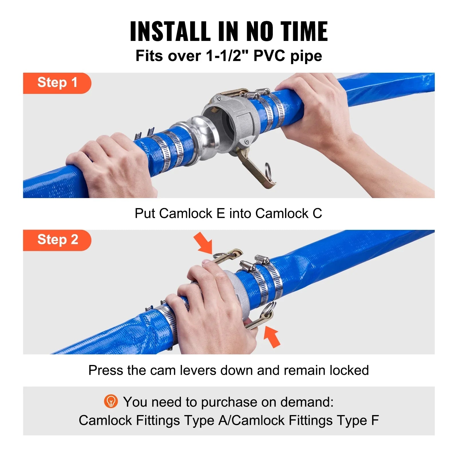 Swimming Pool Filter Backwash Hose 2'' x 50' with Aluminum joints, Great for Water Disposal,  Discharge Hose with Camlock  &  Fittings