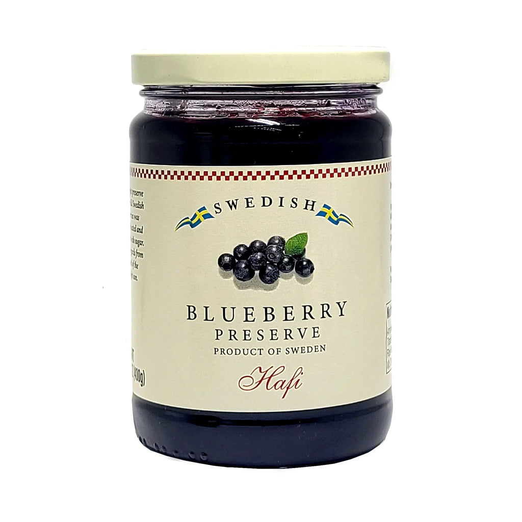 Combo Pack of Hafi Swedish Gooseberry & Swedish Blueberry Preserves 14.1 Oz. (400 ml) Each with Bonus Modern Stainless Steel Spoon (3-Pc Set)