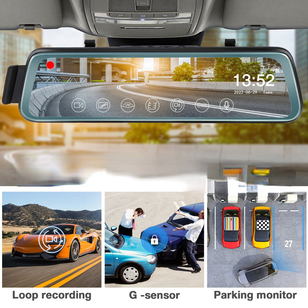 Cheefull 10' Mirror Camera Front and Rear 1080P Backup Camera  ' Mirror Dash Cam Rear ViewFHD Full Touch Screen w Loop Recording, -Sensor, Parking Monitor 170° Wide Angle