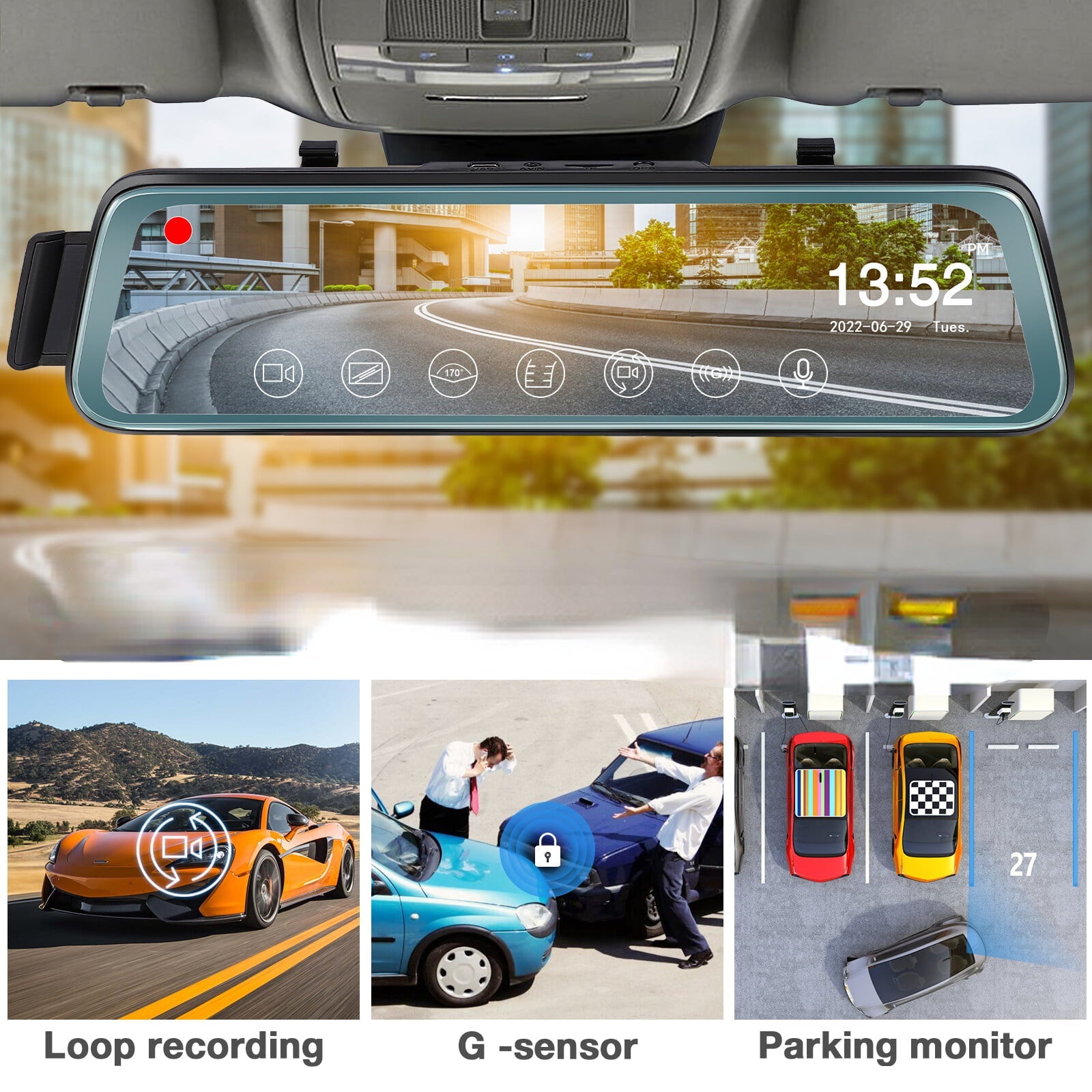 Cheefull 10' Mirror Camera Front and Rear 1080P Backup Camera  ' Mirror Dash Cam Rear ViewFHD Full Touch Screen w Loop Recording, -Sensor, Parking Monitor 170° Wide Angle