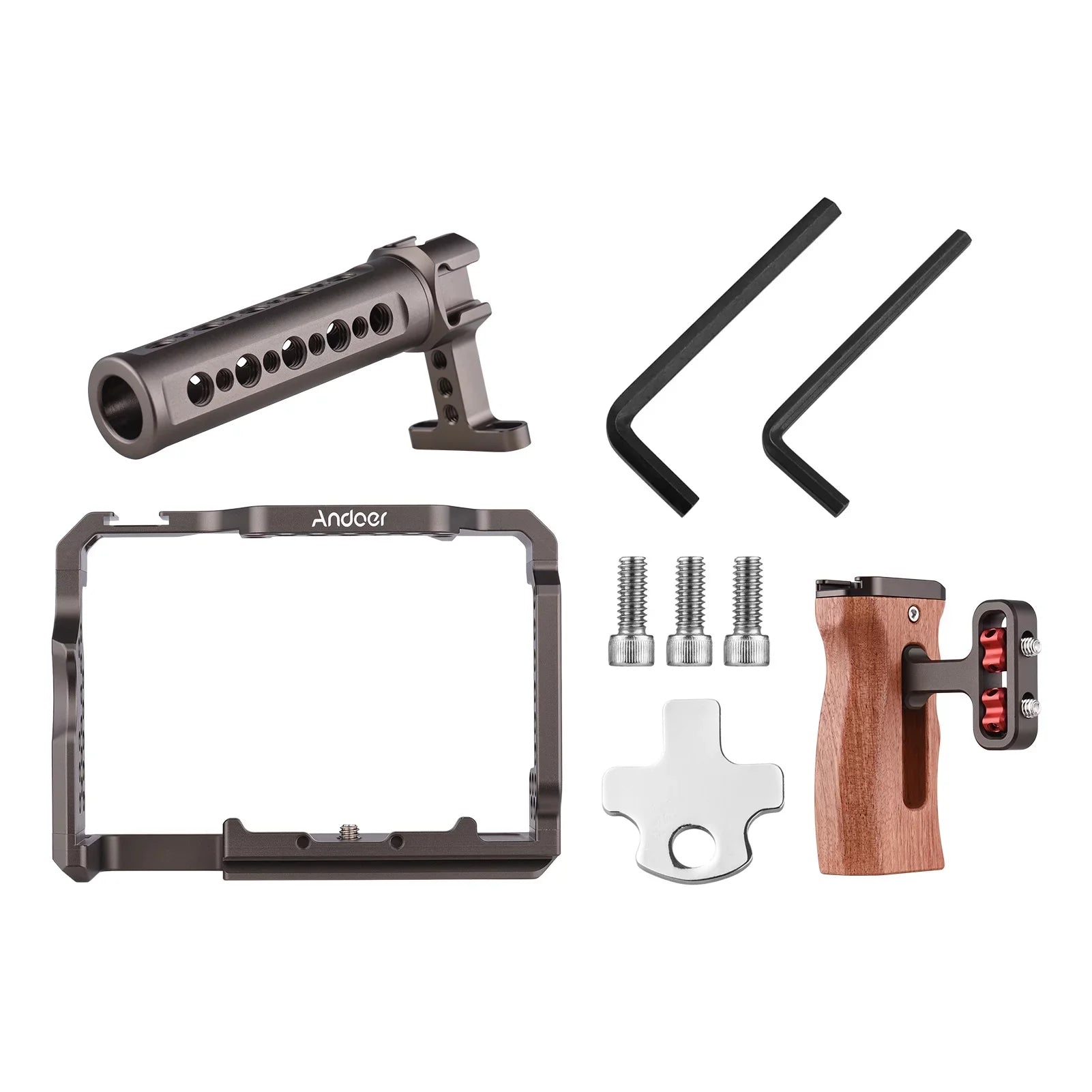 Andoer Aluminum Alloy Camera Cage Kit with Video Rig Handle Wooden Grip Replacement for Sony  /  /