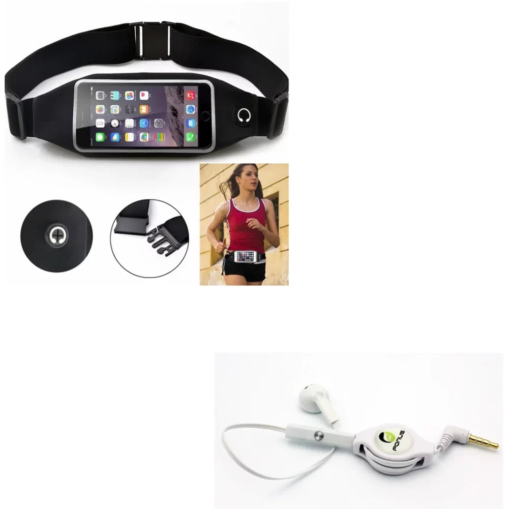 Black Sports Running Workout Waist Bag Belt Case w Retractable Headset  Handsfree Earphone Mic  for Samsung Galaxy  (-)  - Sony Xperia  Z4v Z3v +     XZs