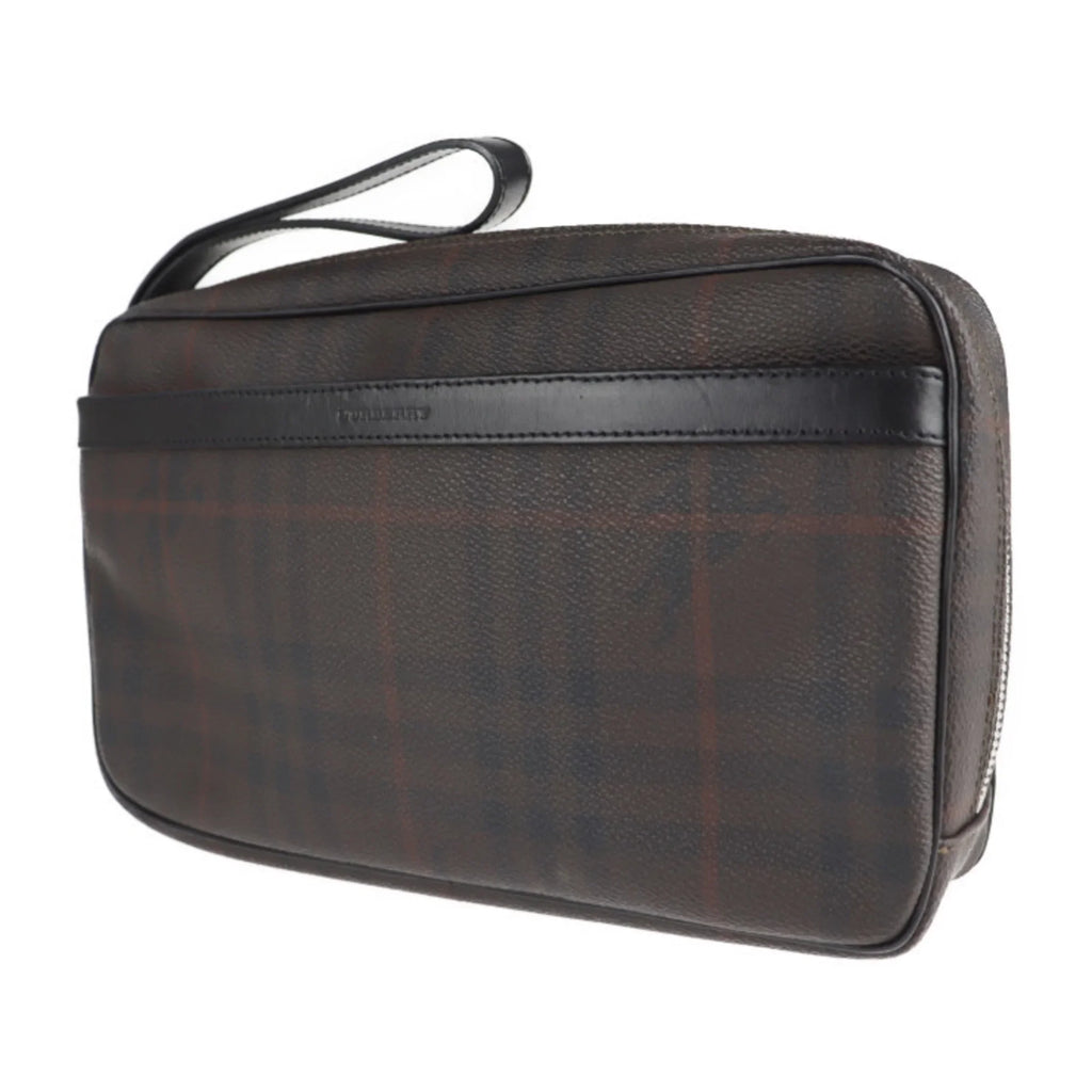 Pre-Owned  Burberry Second Bag  Leather Dark Brown Plaid Clutch (Good)