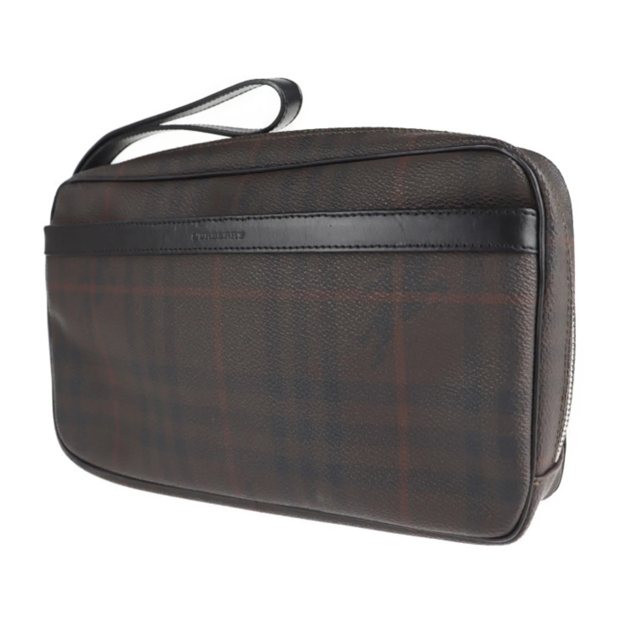 Pre-Owned  Burberry Second Bag  Leather Dark Brown Plaid Clutch (Good)