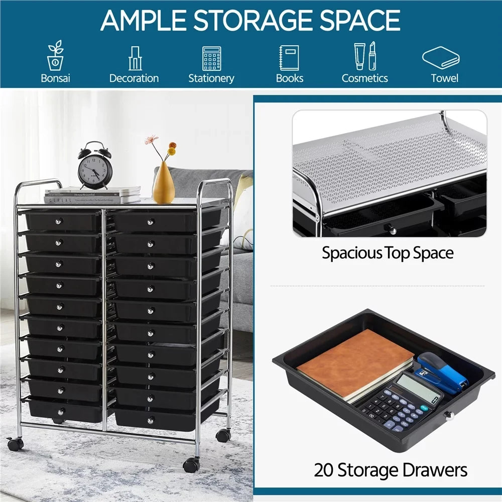 Topeakmart 20 Drawers Rolling Storage Cart Bin Organizer on Wheels Scrapbook Paper Office School Organizer, Black
