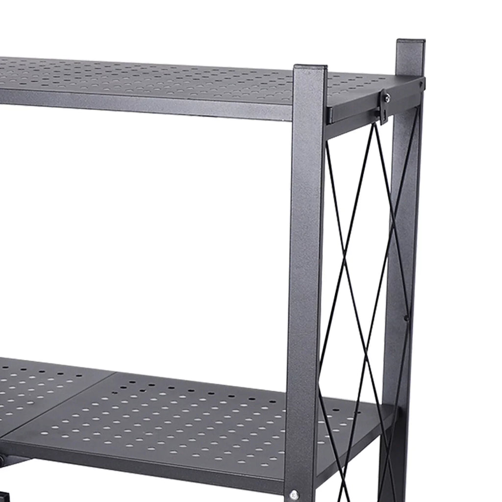 Miumaeov 3-Tier Kitchen Foldable Metal Rolling Trolley Cart Movable Utility Rack Storage Shelves Holder with Wheel (Black)