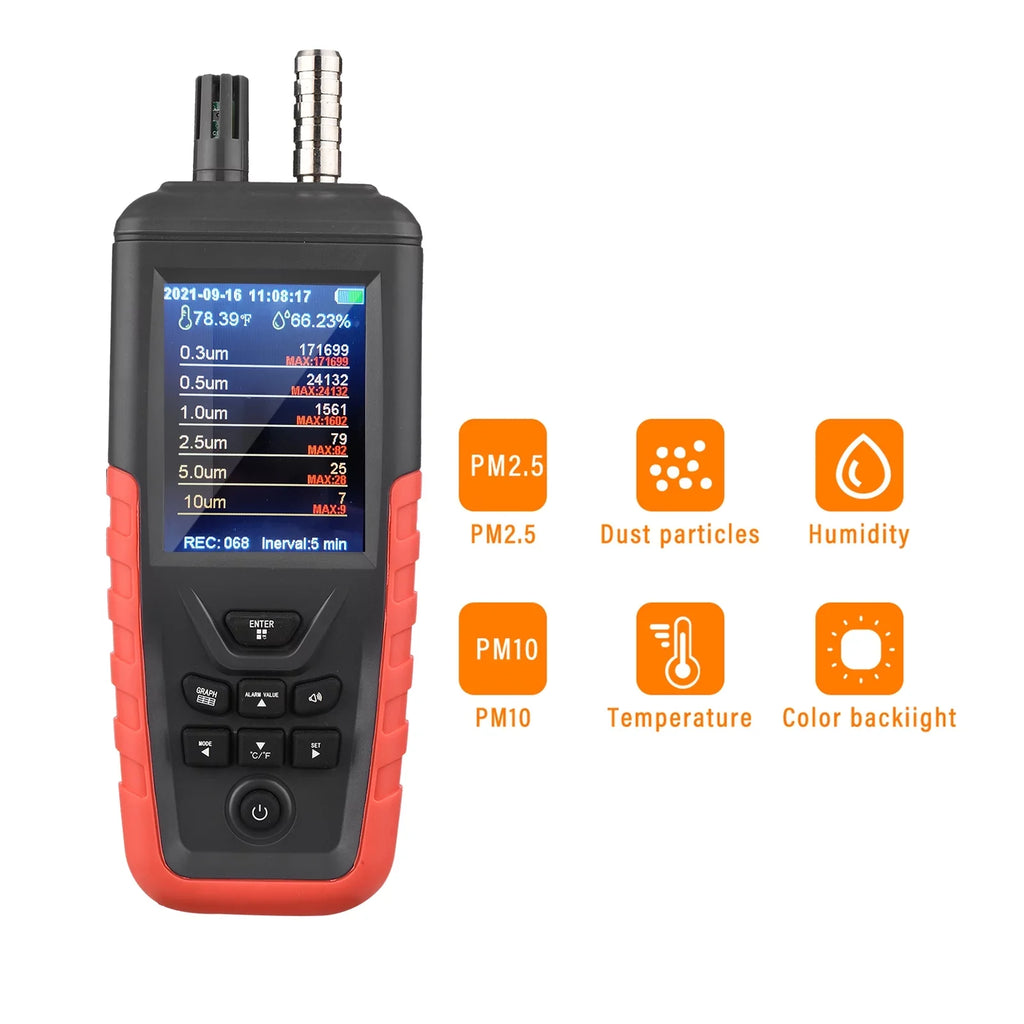 Walmeck Dust Particle Counter 6-Channel 0.3um/ 0.5μm/ 1.0μm/ 2.5μm/ 5.0μm/ 10um .5  Detector with 3.2-inch Backlight  Color Screen Air Quality Tester Temperature Humidity Home Offi