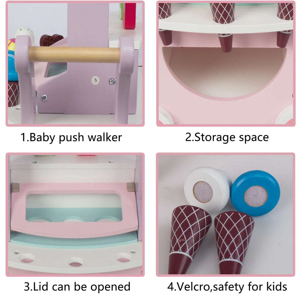 Woodenfun Ice Cream Shopping Cart for Toddlers 1-3, Kids Pretend Play Food Truck, Gift for Girls