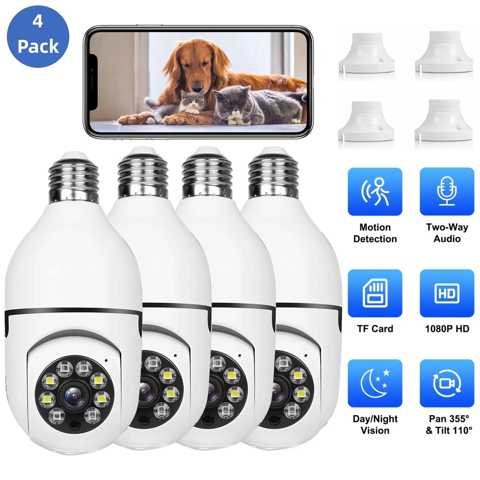 Toner -Party 4 Pack Light Bulb Security Cameras, 2.4G & 5G Wifi Security Camera, Wireless Security Camera Outdoor, 1080P  Outdoor Cameras for Home Security, 360° Wide Viewing, Night Vision