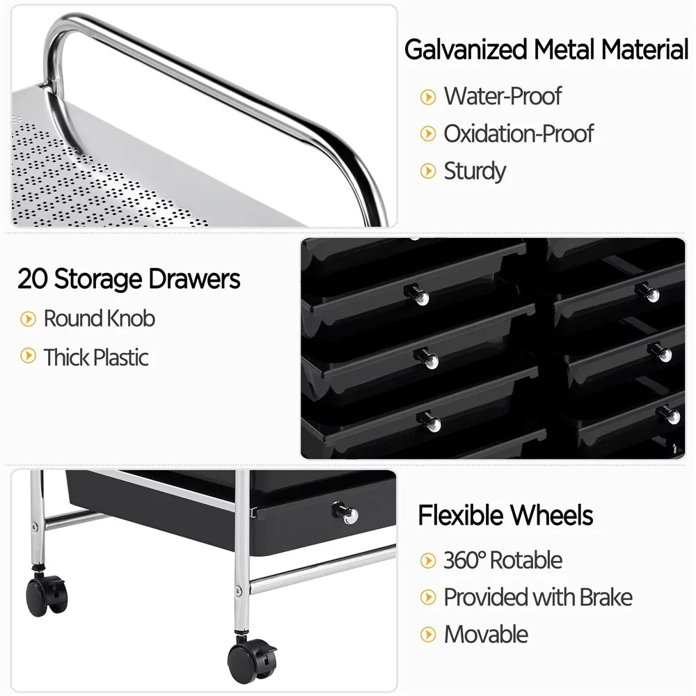 Topeakmart 20 Drawers Rolling Storage Cart Bin Organizer on Wheels Scrapbook Paper Office School Organizer, Black