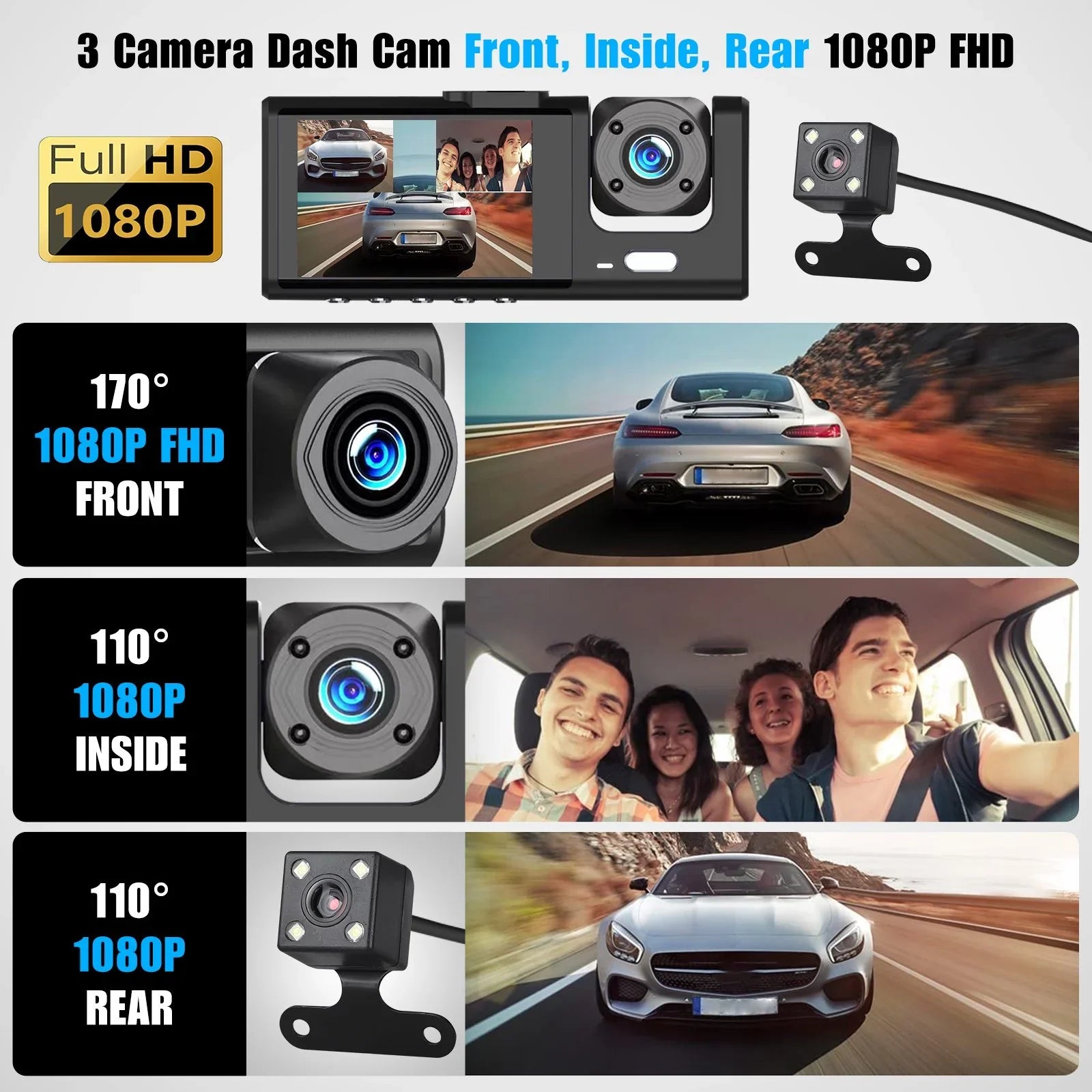 3 Channel Dash Cam Front and Rear Inside /32GB  Card, Full  1080P Dash Camera for Cars, Dashcam Three Way Triple Car Camera / Night Vision, Loop Recording, -Sensor, Parking Monitor