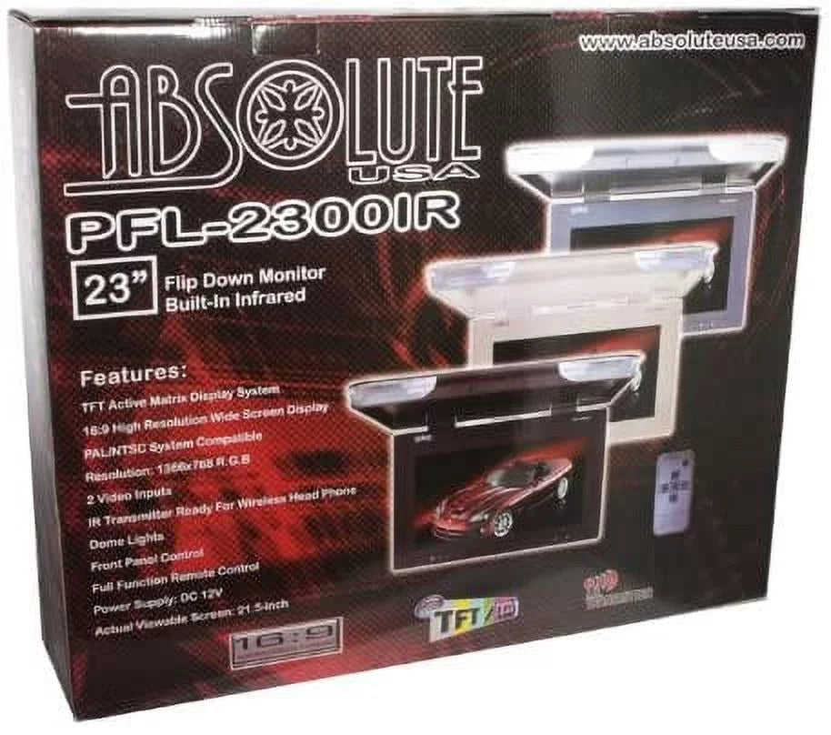 Absolute  Tan 23" - Roof Mount Overhead Flip-Down Monitor Built-In  Remote Dome Light