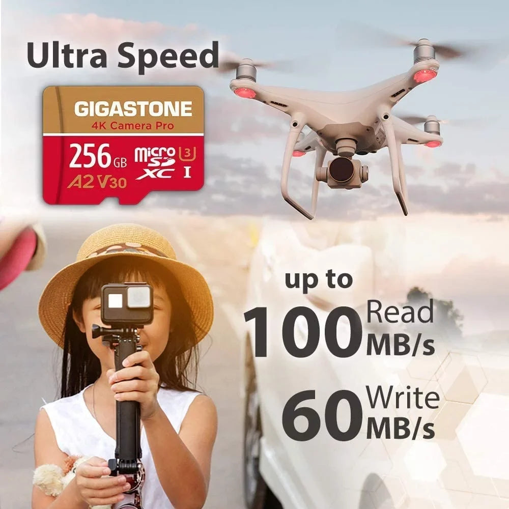 Gigastone 256GB Micro  Card, 4K Video Recording, 4K Camera Pro, designed for with Nintendo Switch, Dash Cam, GoPro Cameras, / up to 100/50 /s, Micro  -   Class 10, 2 Pack (2x256GB)