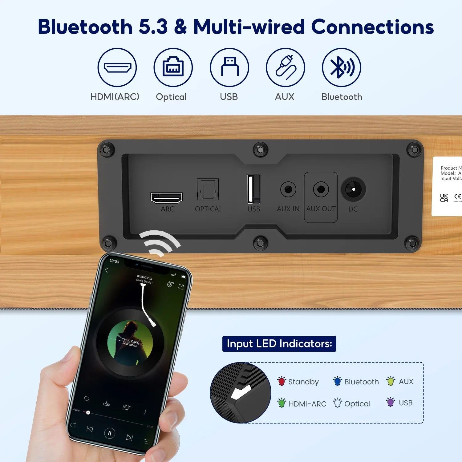 Soundbar 28-Inch 60W with -, Bluetooth 5.0, Optical Coaxial   Connection, 4 Speakers, 3 EQs, 110dB Surround Sound Bar Home Theater Audio Soundbar System for