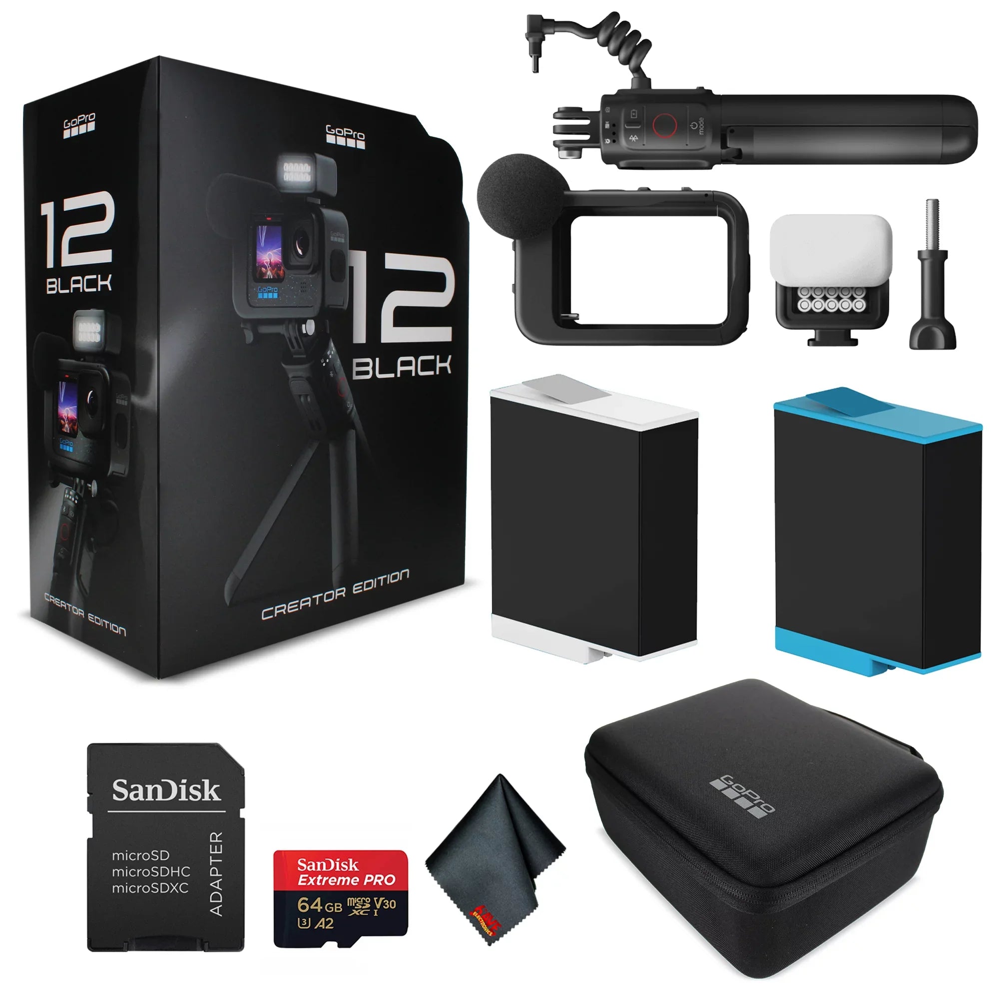 GoPro  12 Creator Edition - With Volta (Battery Grip, Tripod, Remote), Media Mod, Light Mod, Enduro Battery - Waterproof Action Camera + 64GB Extreme Pro Card and Extra Battery