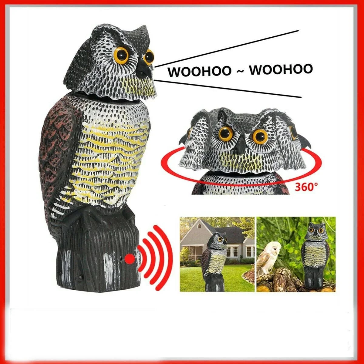 Owl Decoy 360 Rotate Head to Scare Birds, Scarecrow Owl Decoy Statue Realistic Scary Sounds & Shadow Fake Owl Outdoor Pest Bird Deterrent for Patio Yard Garden Protector