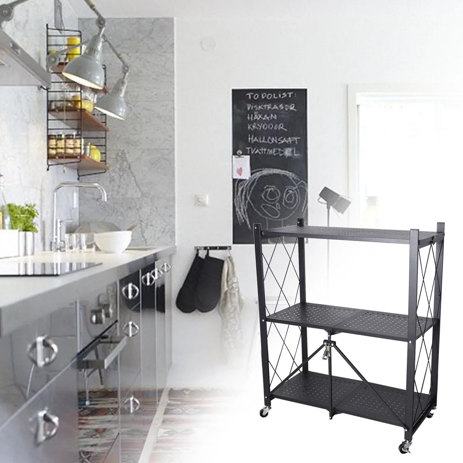 Miumaeov 3-Tier Kitchen Foldable Metal Rolling Trolley Cart Movable Utility Rack Storage Shelves Holder with Wheel (Black)