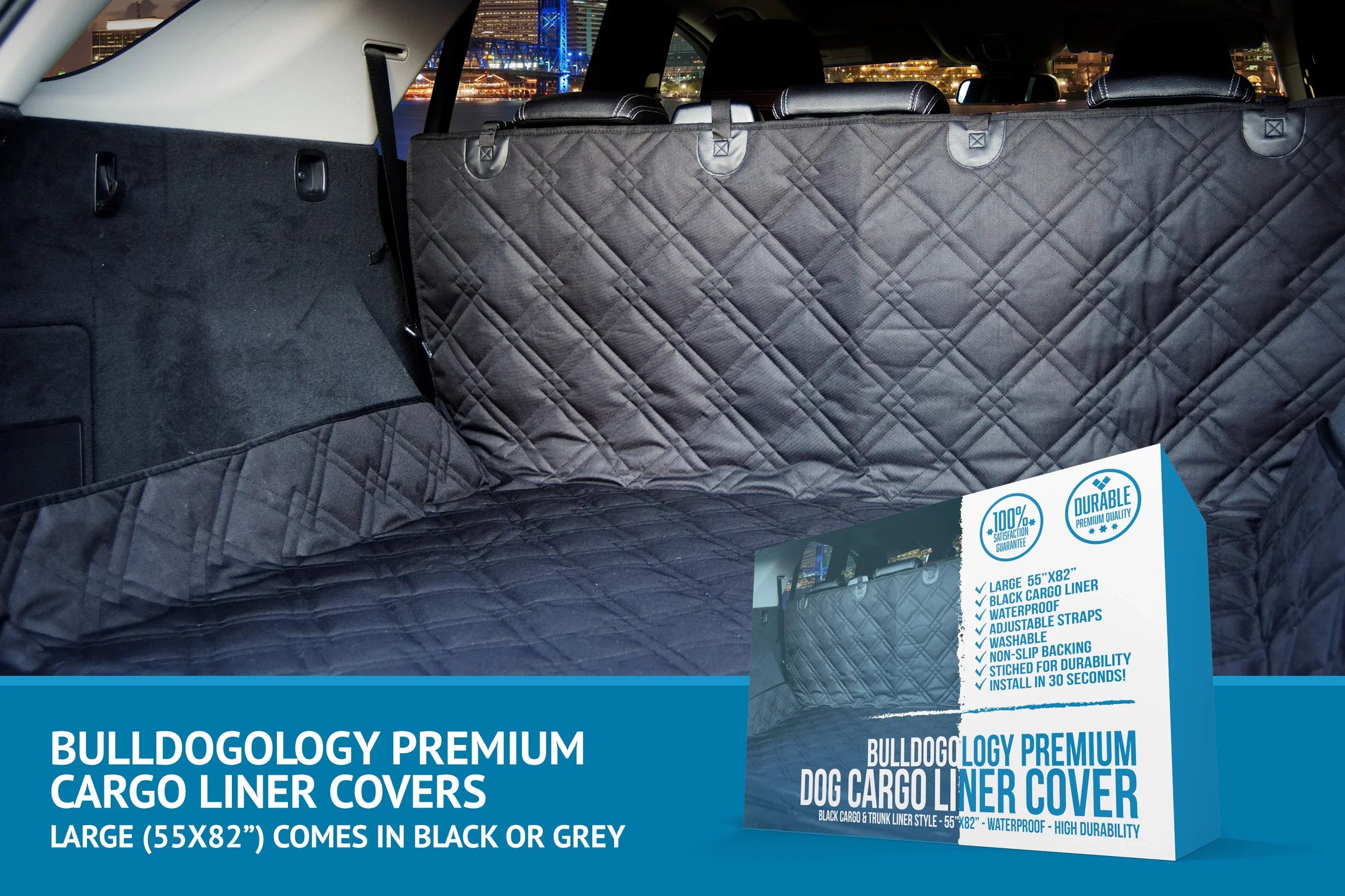 Bulldogology  Cargo Liner for Dogs - Heavy Duty Pet Trunk Cargo Cover - Dog Car Seat Cover Waterproof Nonslip - Dog Hair, Muddy Paws, Scratches Protector for Cars (Large, 55x82")