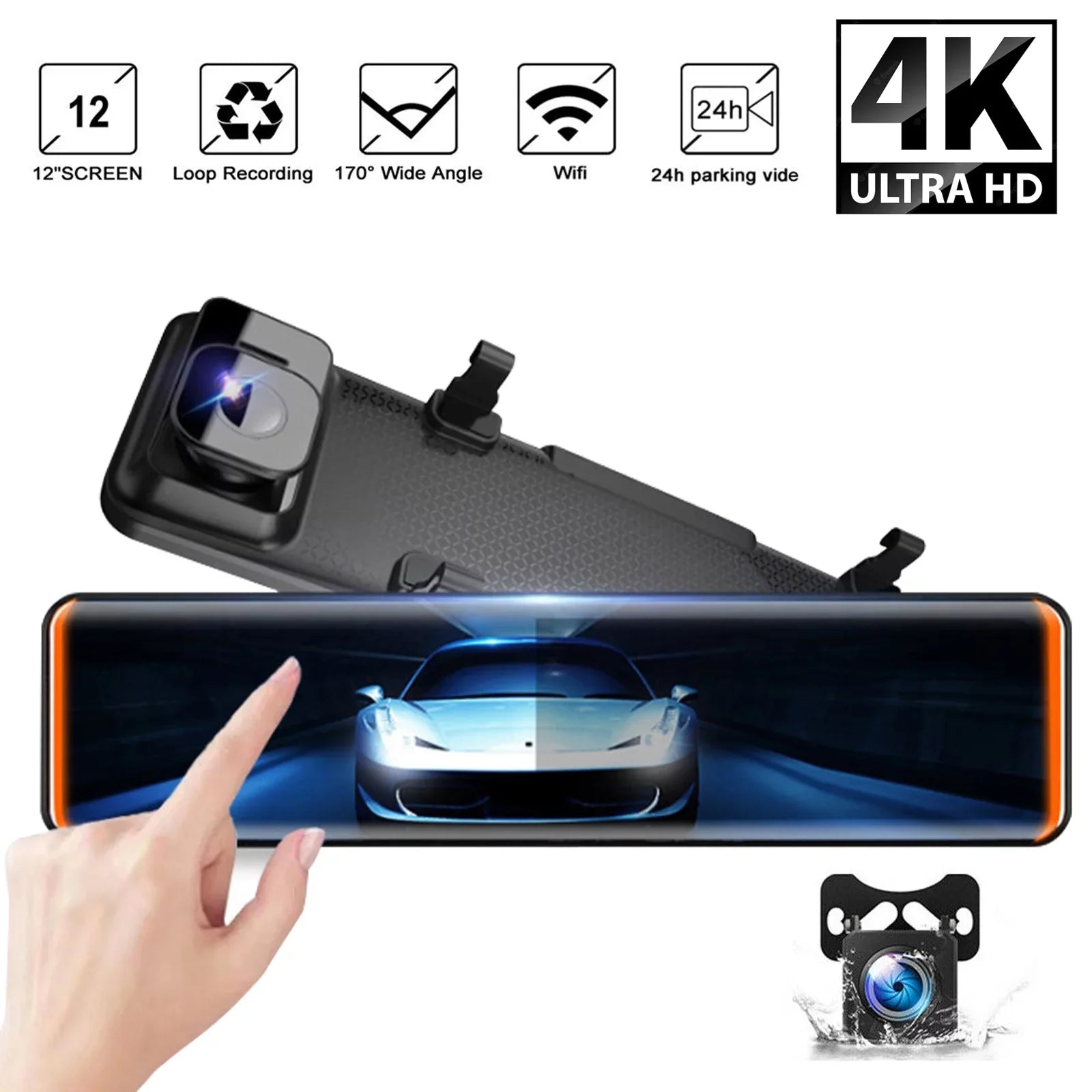 12"Dual Dash Cam  Car Rear View Mirror Camera  Video Recorder Night Kits