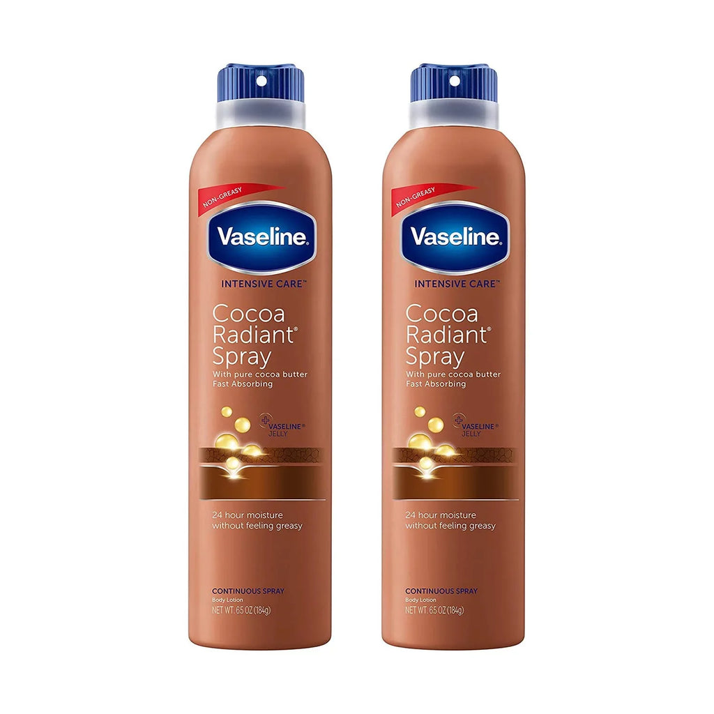 Vaseline Intensive Care Cocoa Radiant Spray, Moisturizes Dry Skin In An Easy To Apply Continuous Spray, Provides 24-Hour Moisture, Absorbs Quickly And Leaves Skin Soft, 6.5 Oz, Pack Of 2.