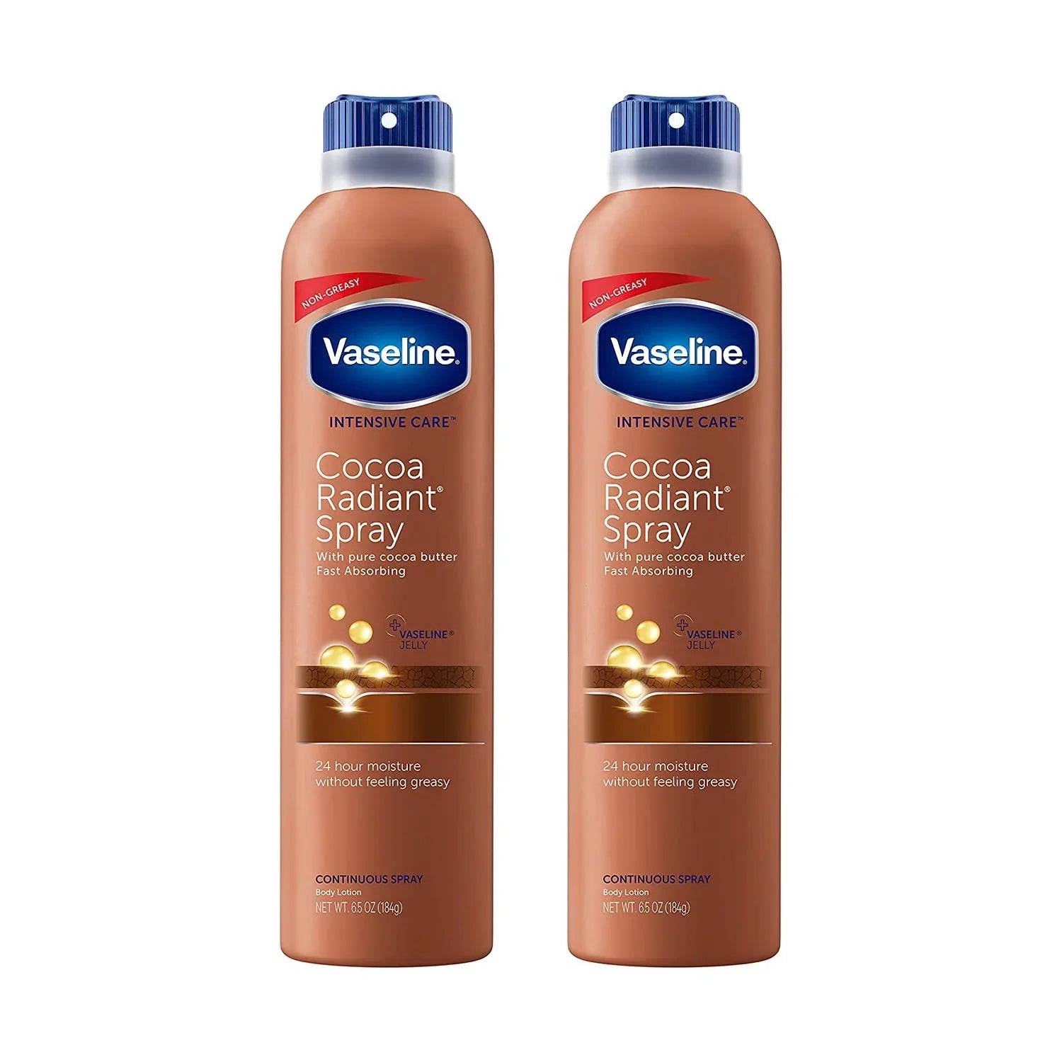 Vaseline Intensive Care Cocoa Radiant Spray, Moisturizes Dry Skin In An Easy To Apply Continuous Spray, Provides 24-Hour Moisture, Absorbs Quickly And Leaves Skin Soft, 6.5 Oz, Pack Of 2.