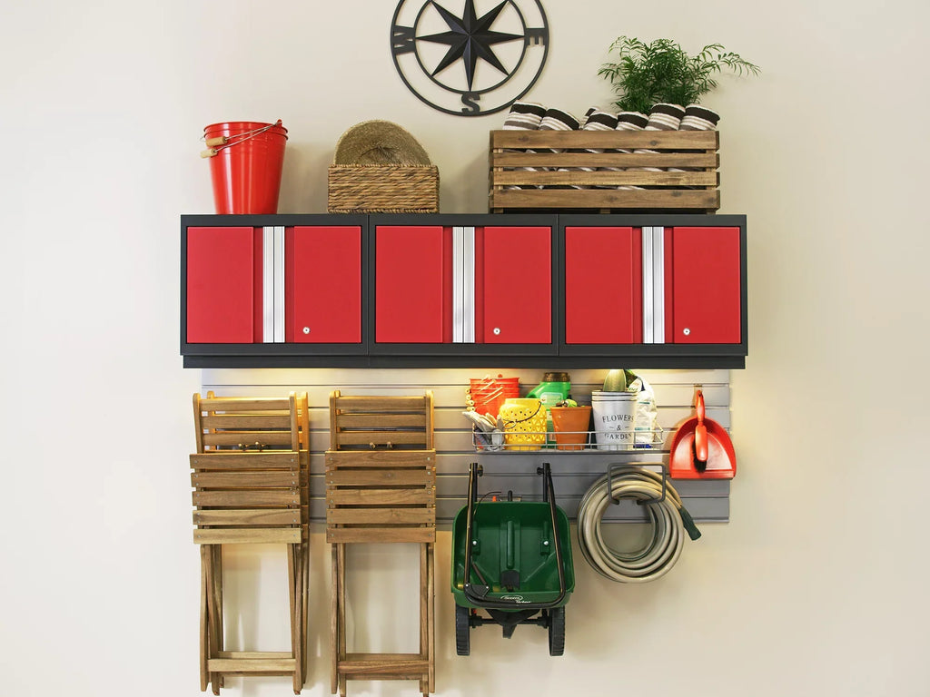 NewAge Products Bold Series Red 13 Piece Cabinet Set, Heavy Duty 24-Gauge Steel Garage Storage System, Slatwall / Wall Mounted Shelf Included