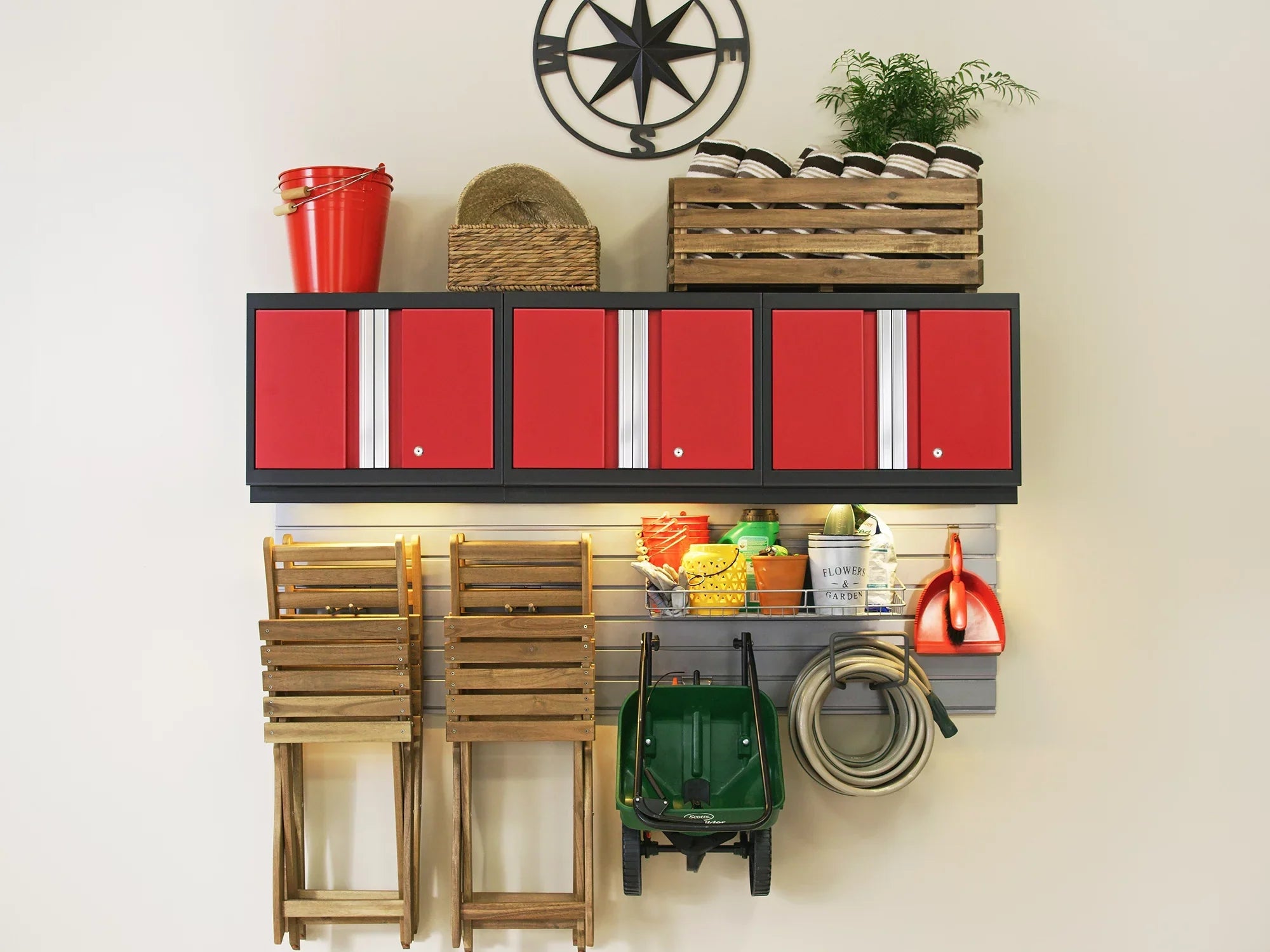 NewAge Products Bold Series Red 13 Piece Cabinet Set, Heavy Duty 24-Gauge Steel Garage Storage System, Slatwall / Wall Mounted Shelf Included