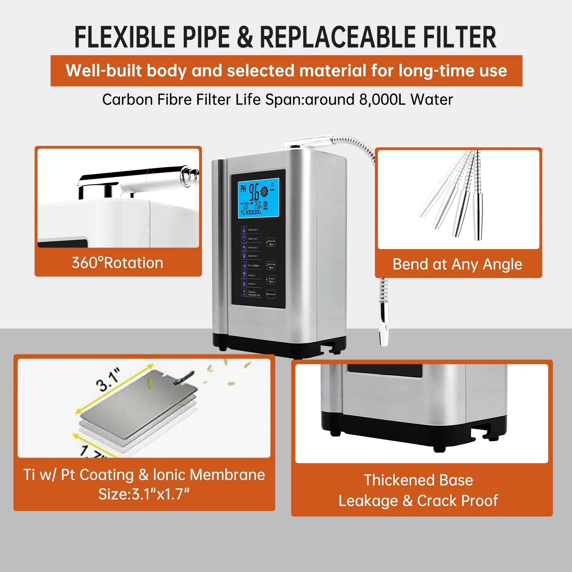 Alka Water Ionizer, Water Purifier Machine  3.5-10.5 Alkaline Acid Water Machine,Up to -500mV , 8000 Liters Per Filter,7 Water Settings,Auto-Cleaning,Intelligent Voice(Silver)