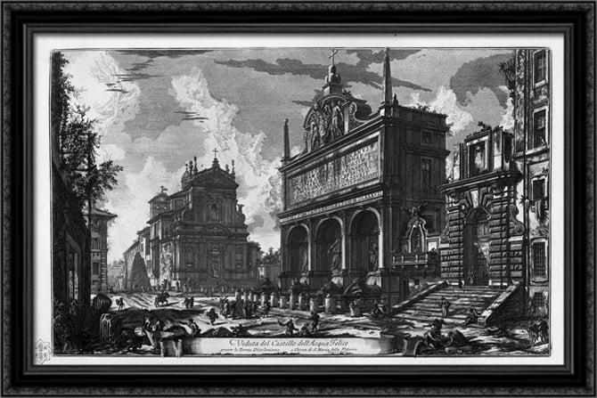 View in perspective of the excellent Fountain of Trevi said Virgin, architecture Nicola Salvi 40x26 Large Black Ornate Wood Framed Canvas Art by Giovanni Battista Piranesi