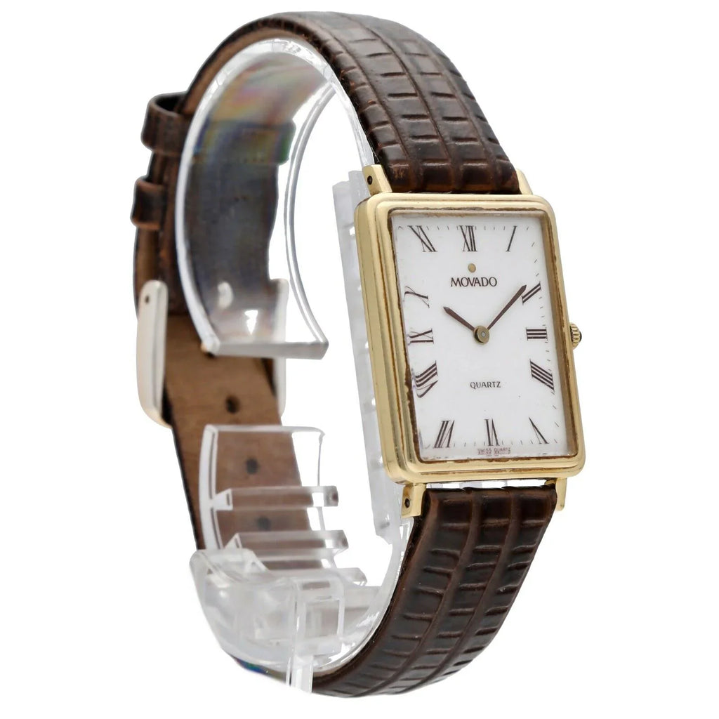Movado 7041485 14k Yellow Gold White Roman Dial Tank Quartz Wrist Watch
