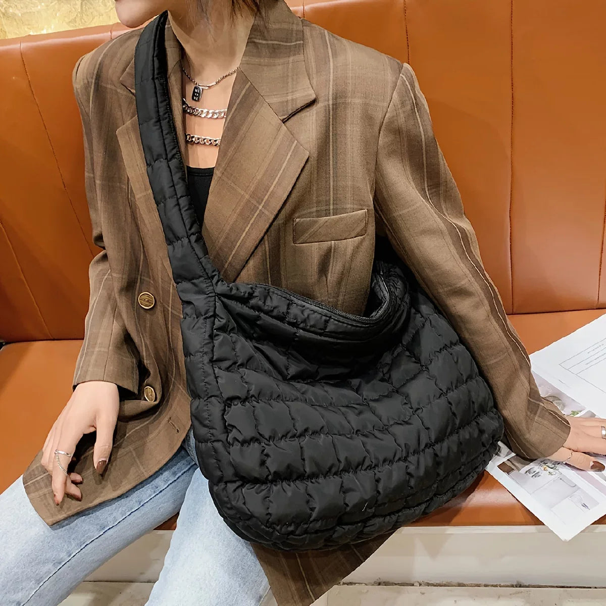 Junior Quilted Tote, Padded Argyle Quilted Crossbody Hobo Bag, Cotton Filled Large Capacity Shoulder Tote Bag For Work