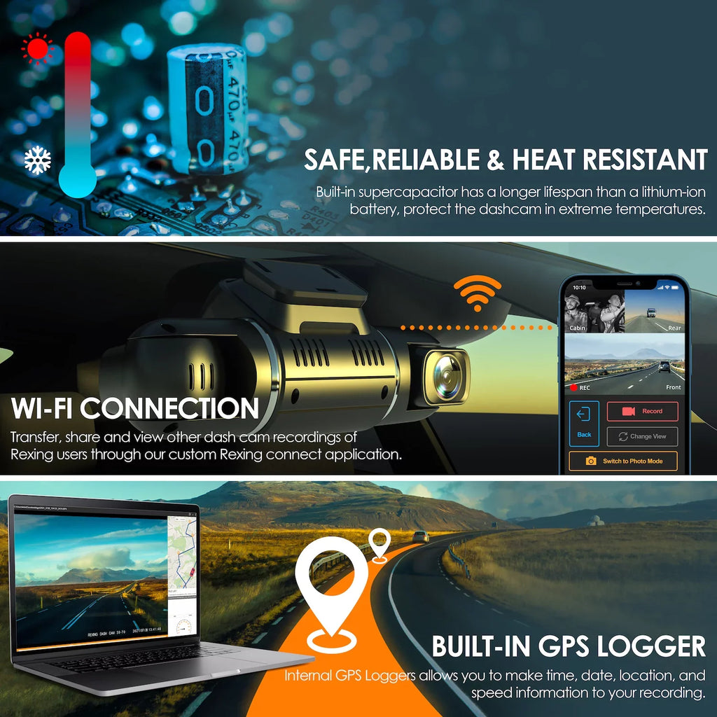 Rexing  Pro  Dash Cam, 3-Channel Front/Cabin/Rear 1080p Recording with Wi-Fi and