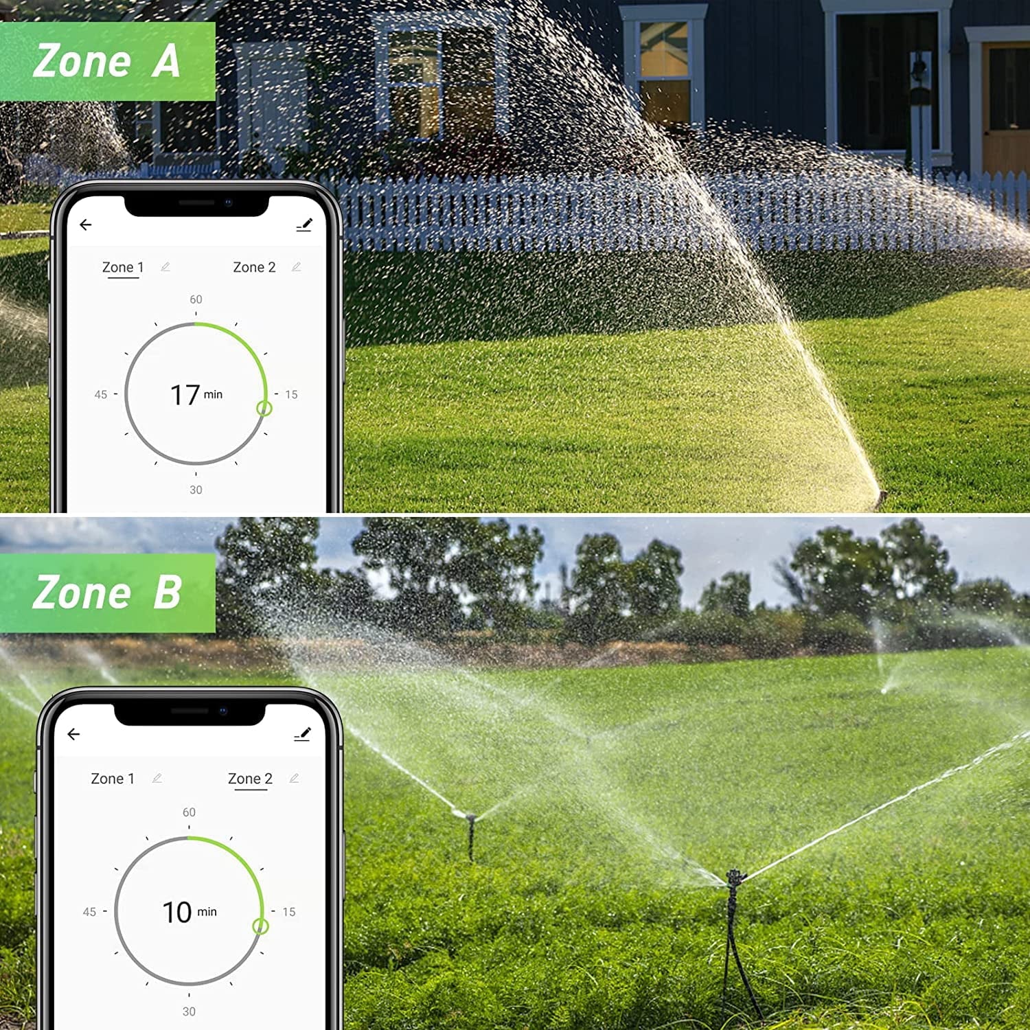 WiFi Sprinkler Timer 2 Outlets Water Timer, Smart Hose Timer, 2-Zone Watering System Irrigation Valve Controller with Wi-Fi Hub Socket, Automatic Rain Delay, Voice Control, for Garden Lawn