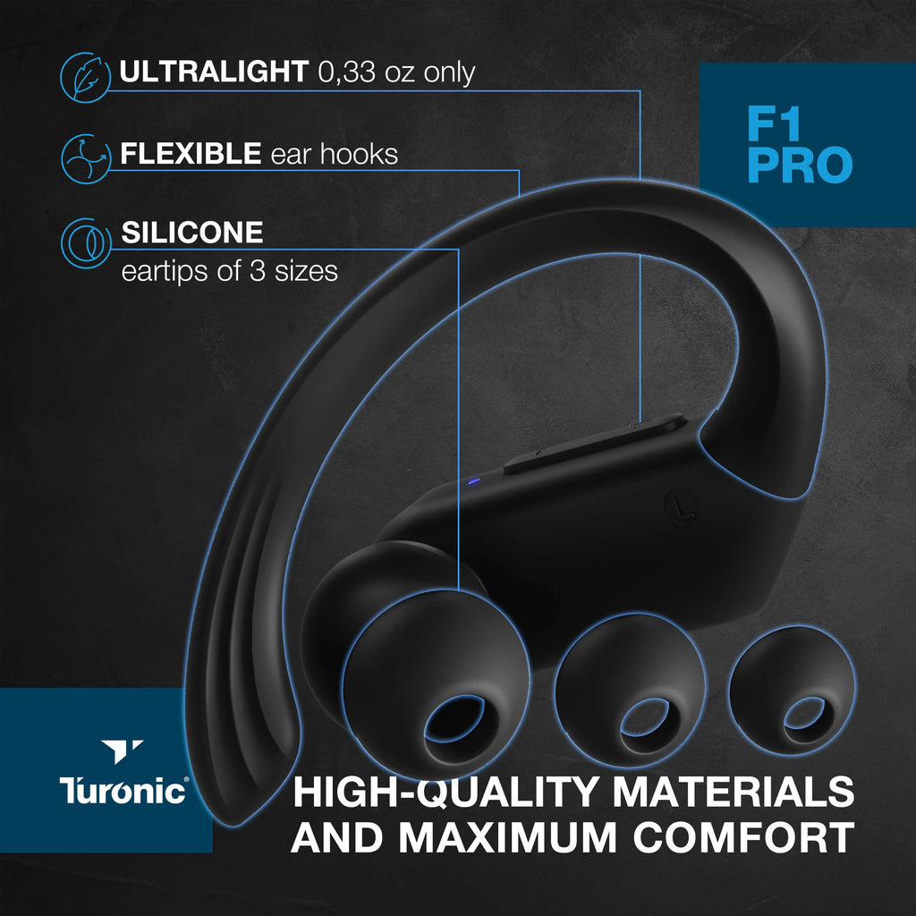Turonic  Pro - True Wireless Earbuds - 45H Playtime, Charging case, Mic,  Waterproof Bluetooth Headphones w/Microphone - Sport Wireless Earphones with Earhook for Gym, Running, Workout - Black