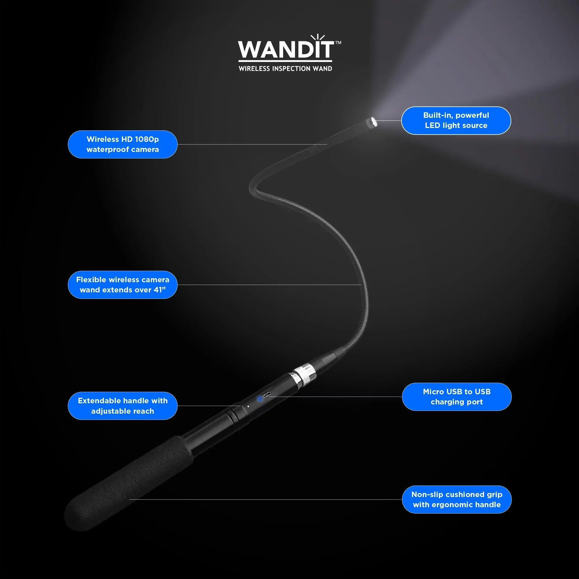 Wireless Inspection Camera with Light - Inspect Anything, Anywhere, Anytime - 360 Degree Flexible Inspection Camera Wand - 41 Inch Extendable, Rechargeable - Capture Images to Your Phone