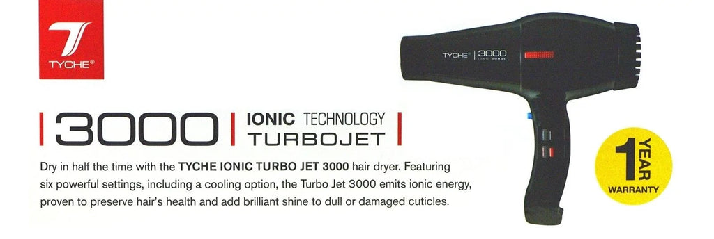 Tyche Turbo 3000 Black Professional Ionic Ceramic Tech Hair Dryer (1 Year Warranty) Dries Hair Fast Negative Ions, Infrared Hair Shine Electromagnetic  Radiation Heat & Air Distribution Power