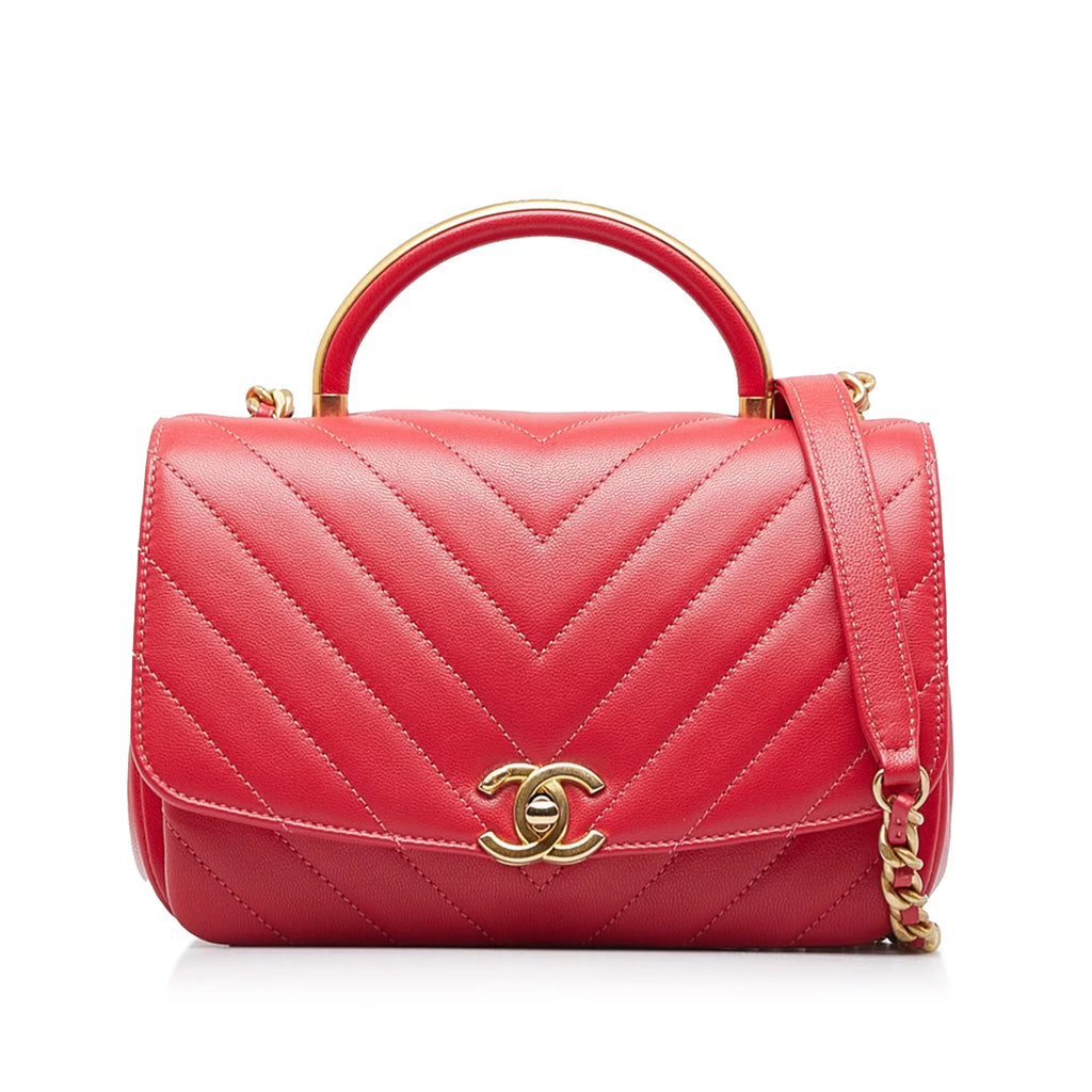 Pre-Owned Authenticated Chanel  Chevron Flap Satchel Lambskin Leather Red Unisex (Good)