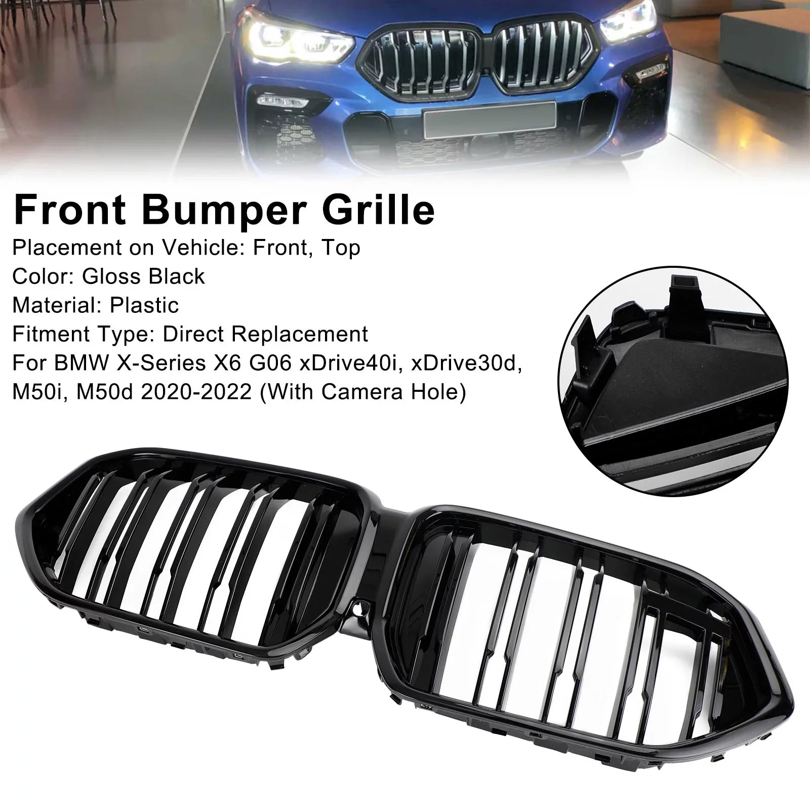 Front Bumper Grille Grill Fit for    M50i 2020-2022 /Camera Hole Black