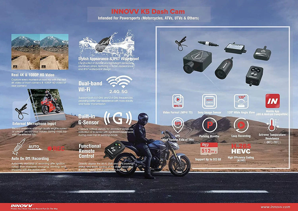 Dual Channel Motorcyle Motocam with 4K Ultra  Resolution, WiFi, , Parking Mode and  Water Resistance (32GB)