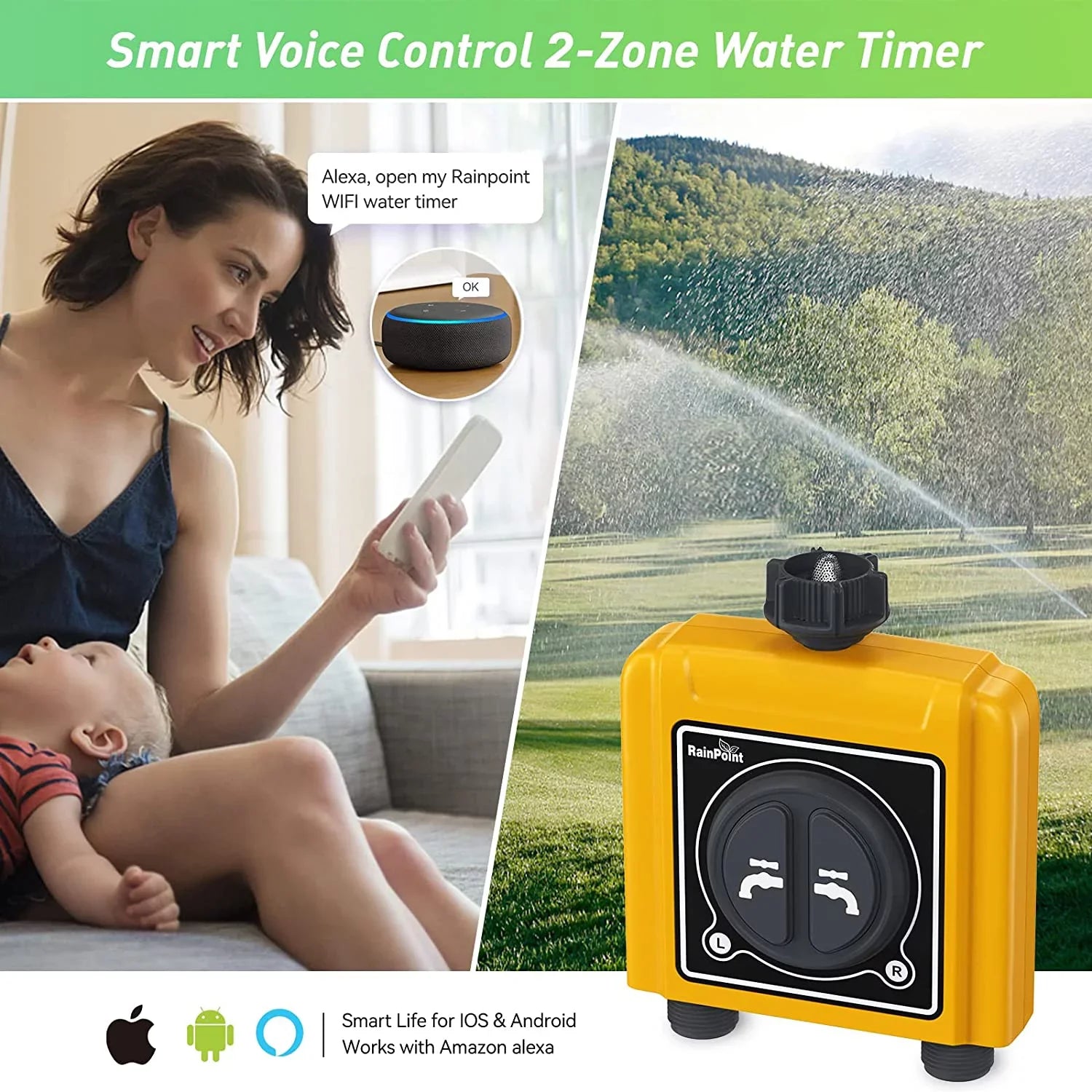 WiFi Sprinkler Timer 2 Outlets Water Timer, Smart Hose Timer, 2-Zone Watering System Irrigation Valve Controller with Wi-Fi Hub Socket, Automatic Rain Delay, Voice Control, for Garden Lawn