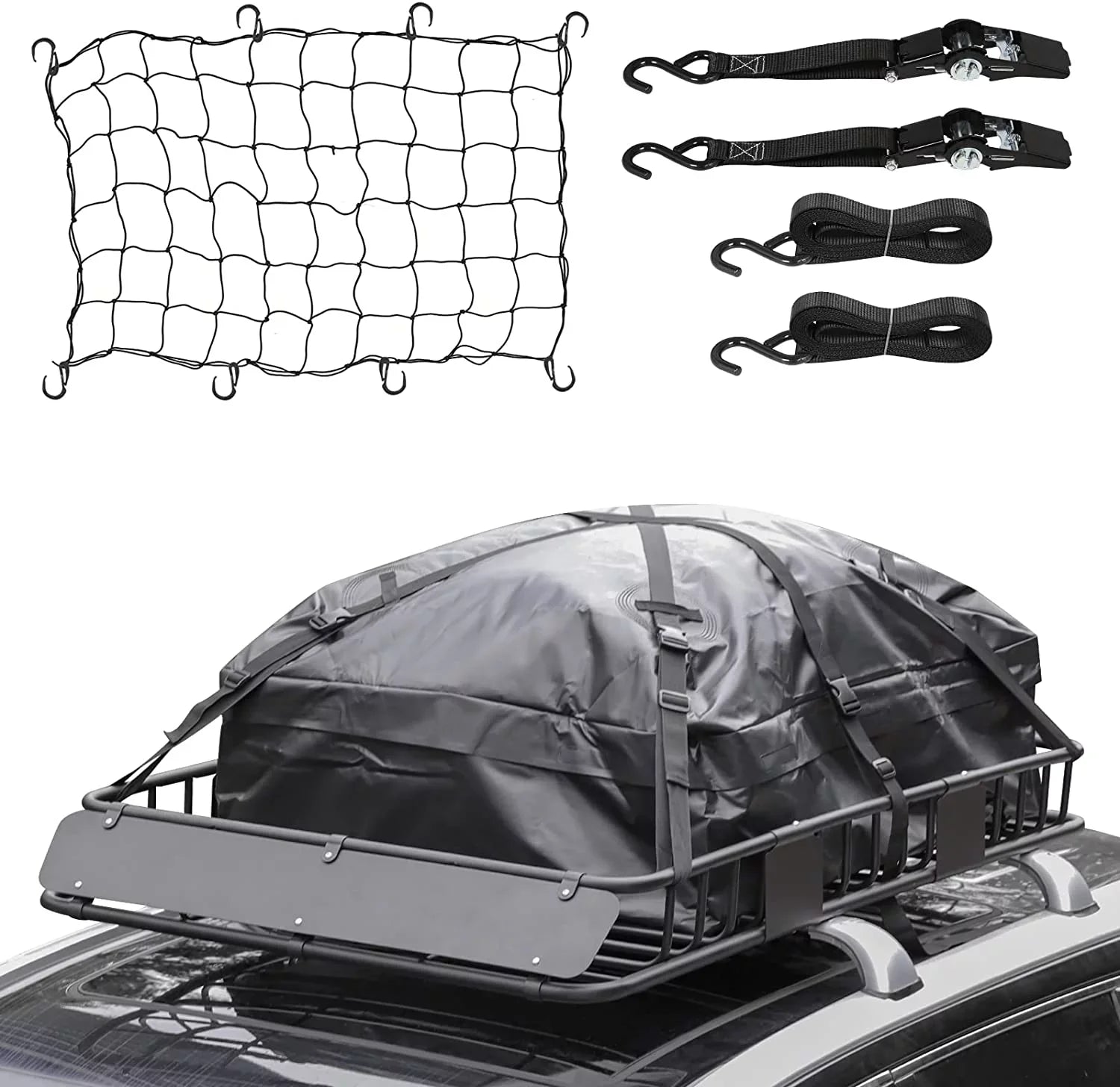 Thten Heavy Duty 64"x 39" Roof Rack, Rooftop Cargo Carrier Basket with Waterproof Bag, Tie Down Strap, Net, Rack Extension and Car Top Luggage Holder for , 150lb Capacity, Steel Construction