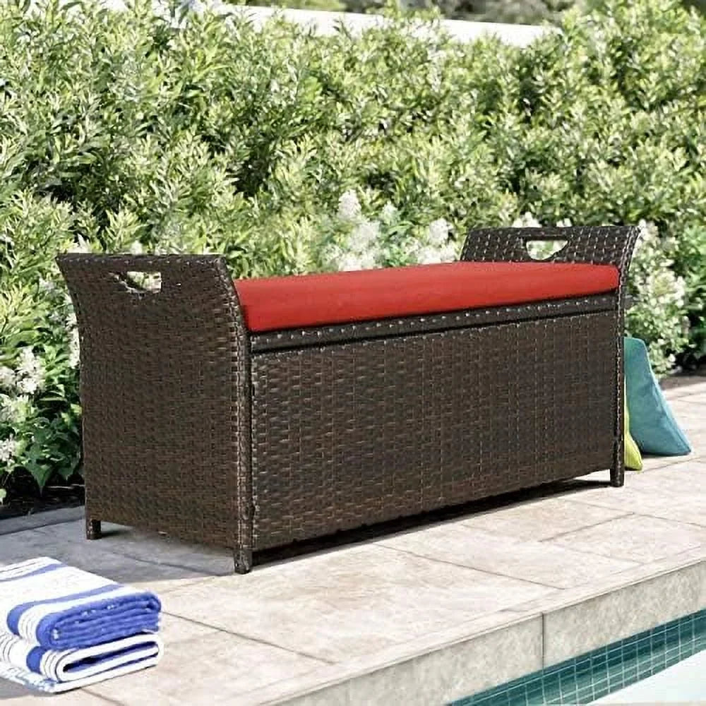 Outdoor Deck  Box  Patio Wicker  Bench  Rattan  Bins with Cushion (Red)