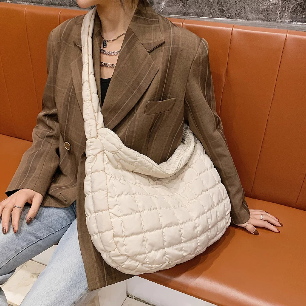 Junior Quilted Tote, Padded Argyle Quilted Crossbody Hobo Bag, Cotton Filled Large Capacity Shoulder Tote Bag For Work