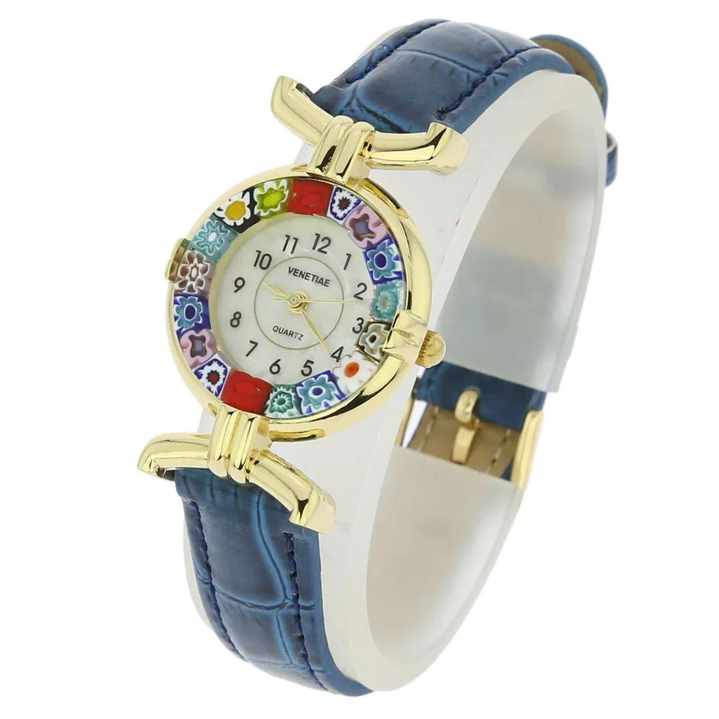 GlassOfVenice Murano Glass Millefiori Watch with Leather Band - Blue Multicolor