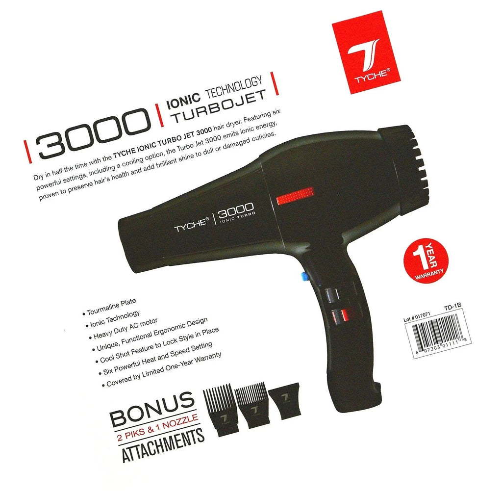 Tyche Turbo 3000 Black Professional Ionic Ceramic Tech Hair Dryer (1 Year Warranty) Dries Hair Fast Negative Ions, Infrared Hair Shine Electromagnetic  Radiation Heat & Air Distribution Power