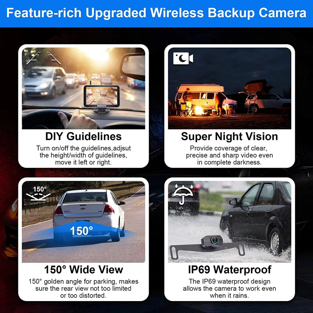DoHonest Wireless Backup Camera 7-Inch: Plug and Play Easy to Install Truck Car Monitor Kit  1080P Bluetooth Reverse Cam for Pickup Camper Van Stable Signal 2 Channel Night vision Auto-Switching