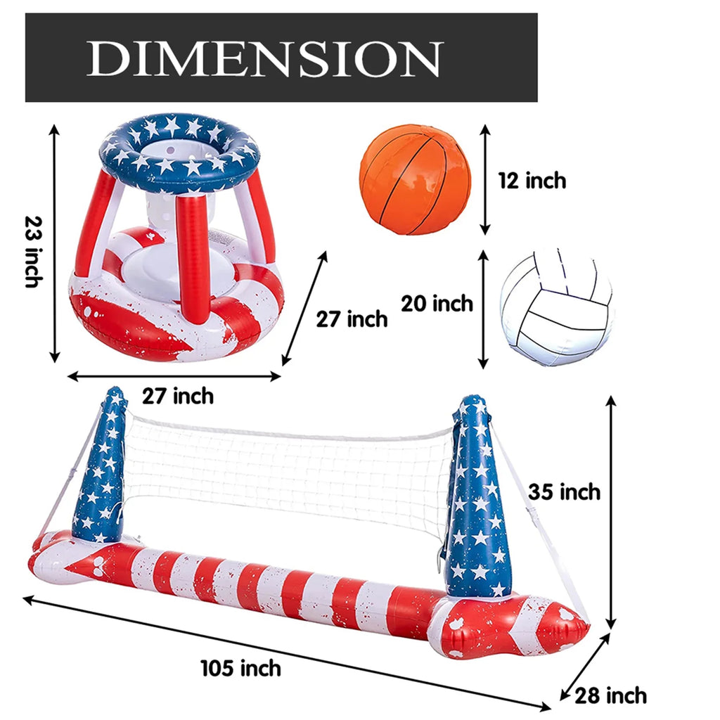 Inflatable Pool Flag Floats Set Volleyball Net & Basketball Hoops